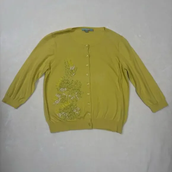 Boden Yellow Floral Applique Cardigan Cotton Sweater US 12 Spring Embellished - Picture 1 of 12